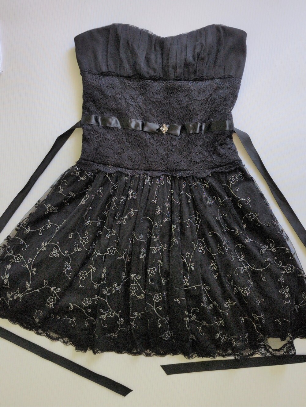 Vintage Mystic Y2K XS Black Lace Sparkly Strapless Layered Party Dress Fit Flare